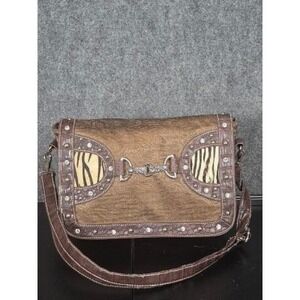 P&G Western Brown Paisley Zebra‎ Print Rhinestone Studded Horsebit Shoulder Bag